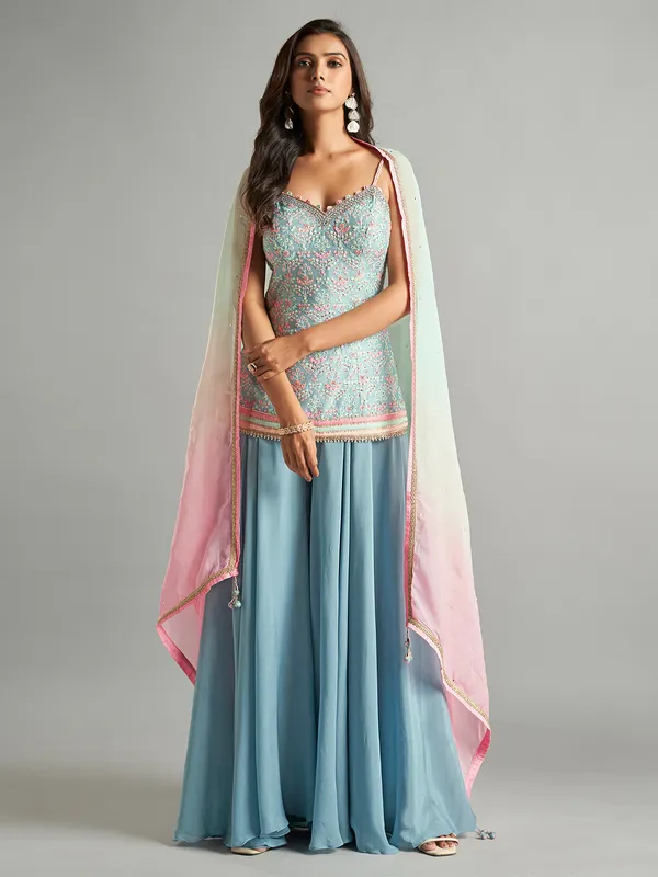 Blue Poly Silk Palazzo Suit