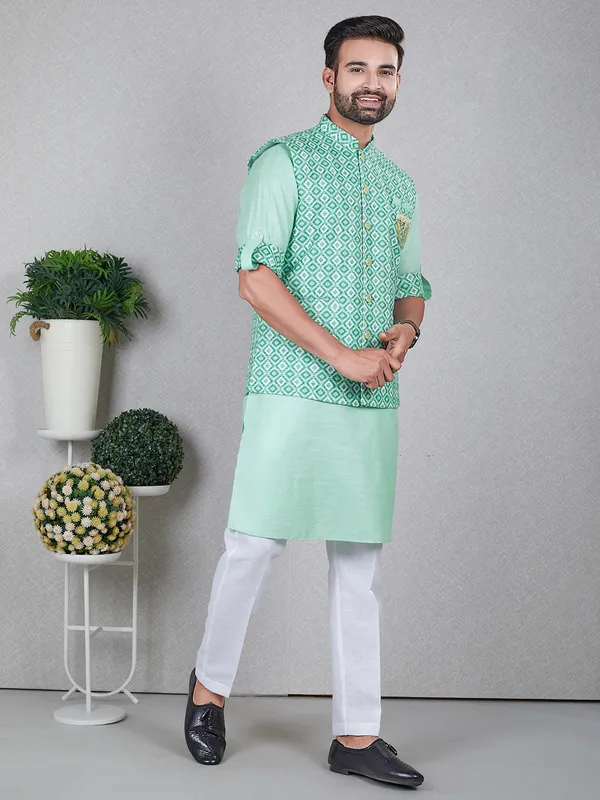 Trendy light green silk waistcoat set G3 MWCS1256