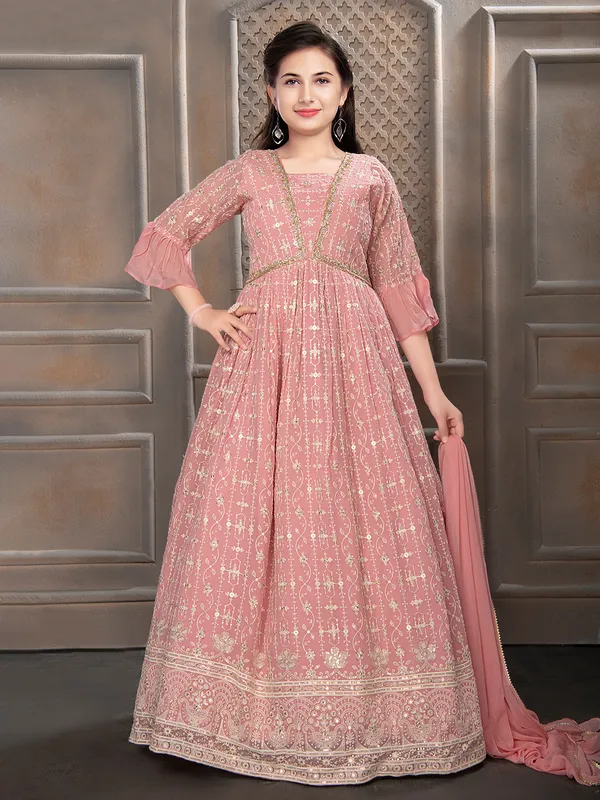 Magenta Pink Embroidered Georgette Anarkali Suit