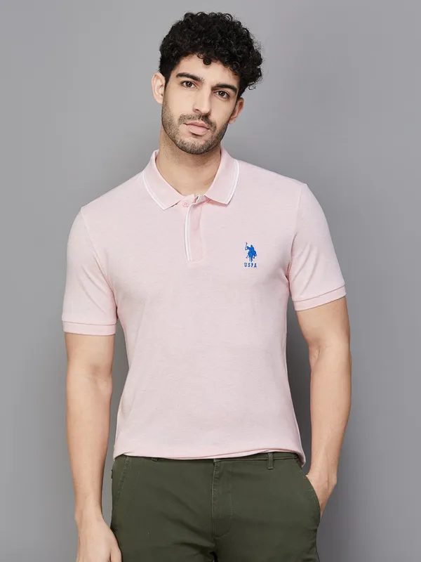 U S POLO ASSN light pink plain polo t shirt-G3-MTS16979