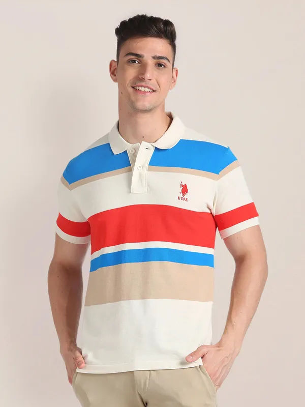 U S POLO ASSN white and red cotton stripe t-shirt-G3-MTS18308