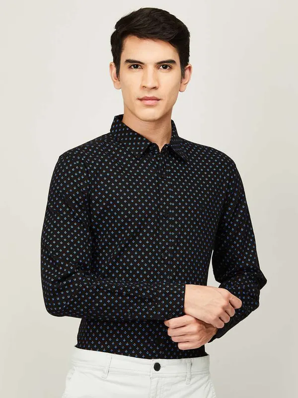 Men's Black Printed Cotton Casual Shirt