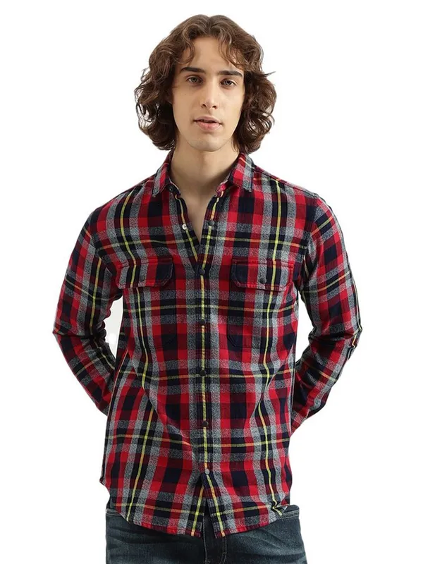 UCB check cotton grey and red shirt for men-G3-MCS14741 Netherlands