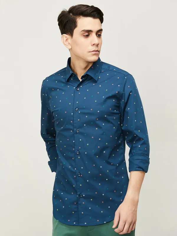 G3fashion Ucb Formal Shirts UCB Cotton Blue Printed Slim Fit Shirt