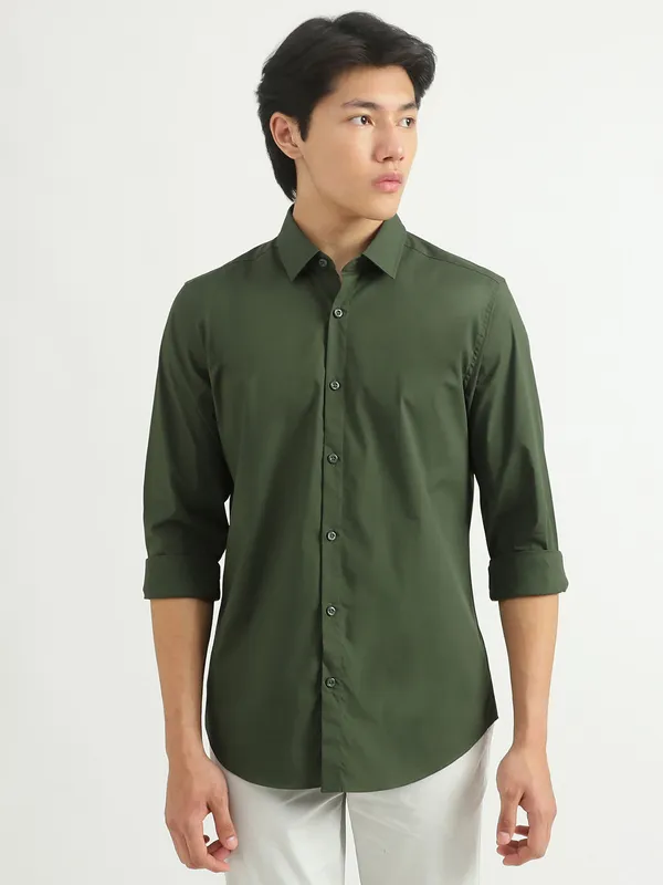UCB plain olive cotton shirt-G3-MCS11452