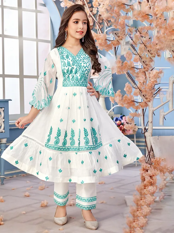 White cotton silk salwar kameez for girls-G3-GSS3164