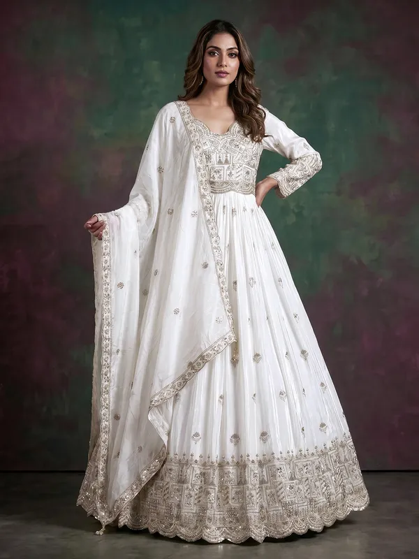 white silk anarkali dress White Chinon Silk Embroidered Anarkali Suit With Dupatta XXL