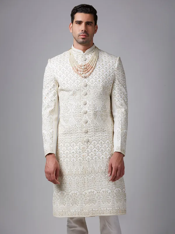 White Silk Thread Flower Embroidered Sherwani Set