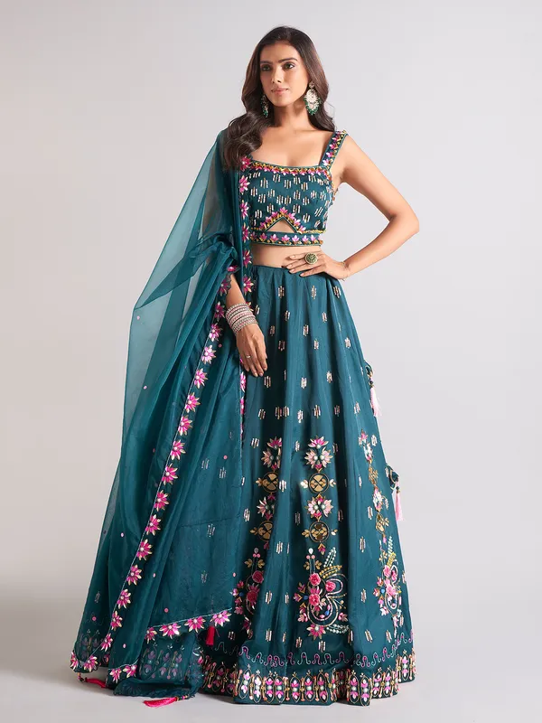 Blue Silk Lehenga Choli With Blouse & Dupatta For Indian & Pakistani Wedding Festival - Dori with Thread & Sequins Embroidery work