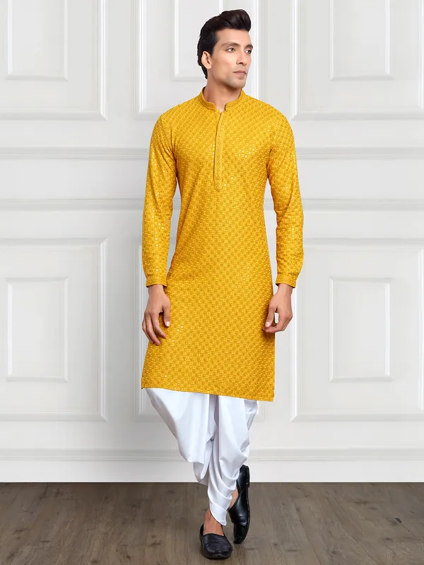 Yellow rayon cotton kurta suit for festive-G3-MKS4958 New Zealand