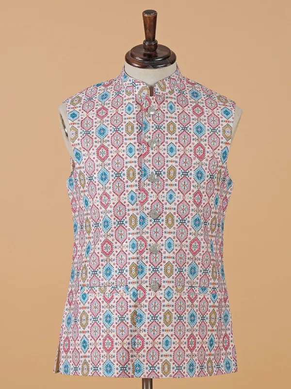 Classic off-white printed waistcoat for men-G3-MWC2624