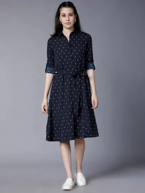 Buy Tokyo Talkies Navy Blue/White Printed Flared Shirt Dress for...