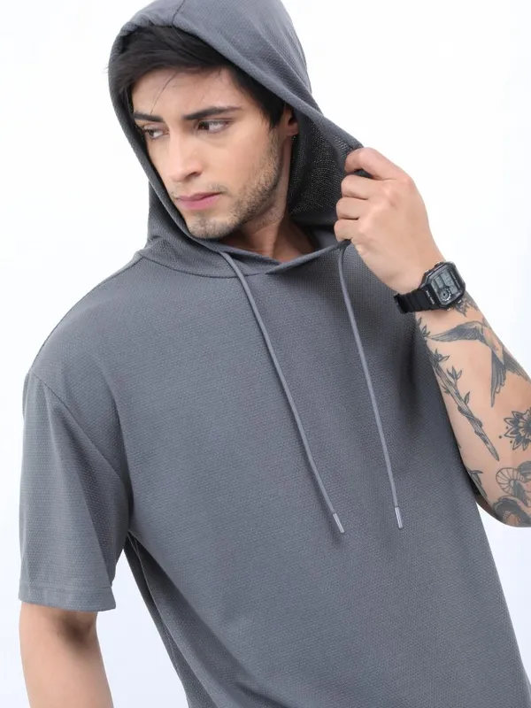 Buy Highlander Structured Grey Solid Oversized Hooded T-Shirt for