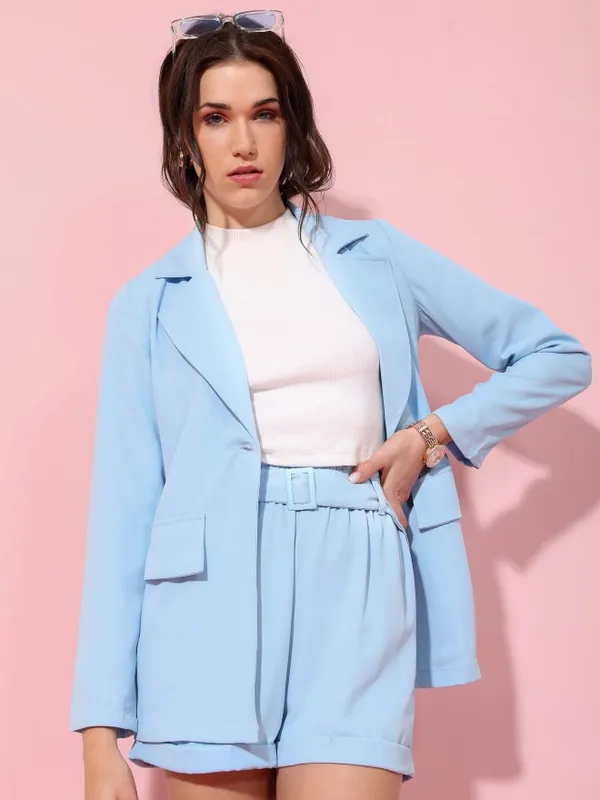 Buy Tokyo Talkies Blue Solid Blazer With Matching Belted Short Co