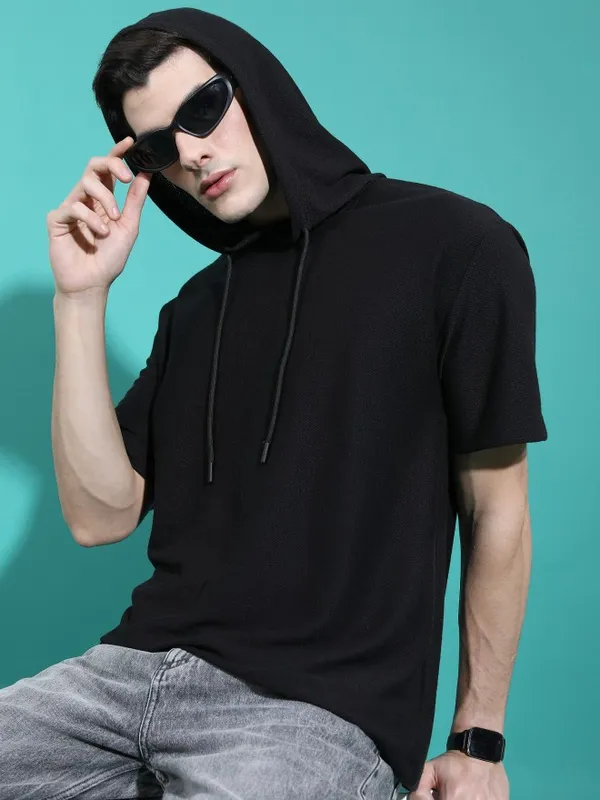Buy Highlander Black Solid Hood Oversized Fit T-Shirt for Men