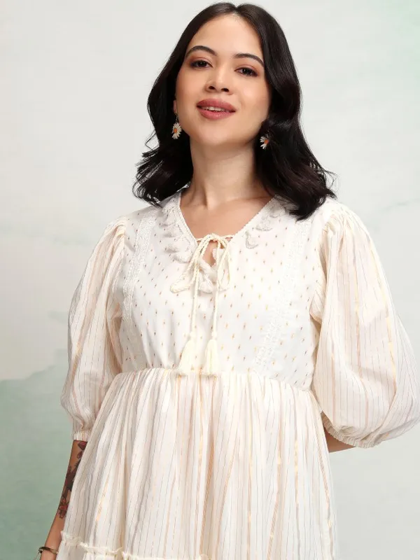 A-line embroidered dress in cotton stripe fabric with button detailing