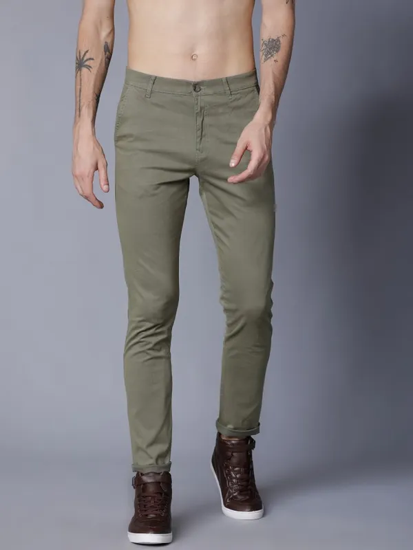 Buy Highlander Olive Green Slim Fit Solid Regular Trousers for Men...
