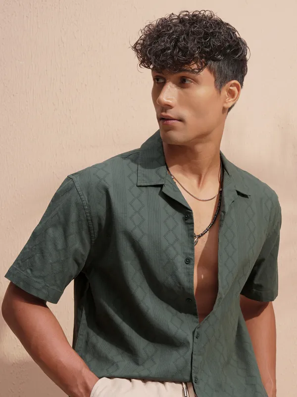 Buy Highlander Green Self Design Relaxed Fit Casual Shirt Online