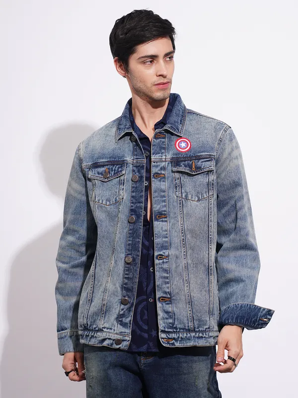 Being Human Men Blue Graphic Spread Collar Jacket