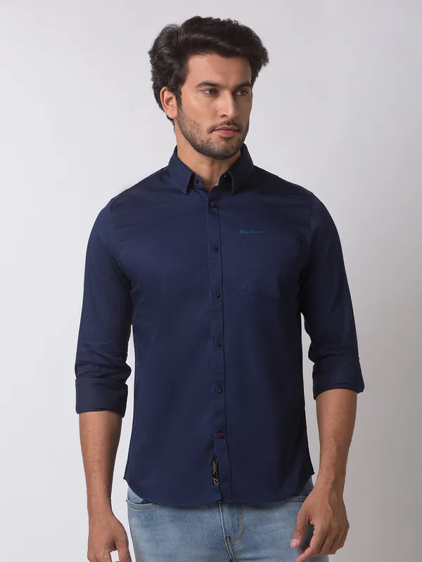 Blue Slim Straight Fit Regular Collar Long Sleeves Cotton Men's Shirt by Being Human Clothing