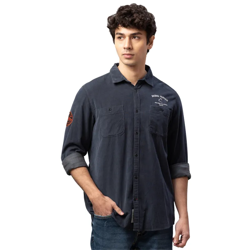 Black Slim Straight Fit Regular Collar Long Sleeves Cotton Men's Shirt by Being Human Clothing main image 0
