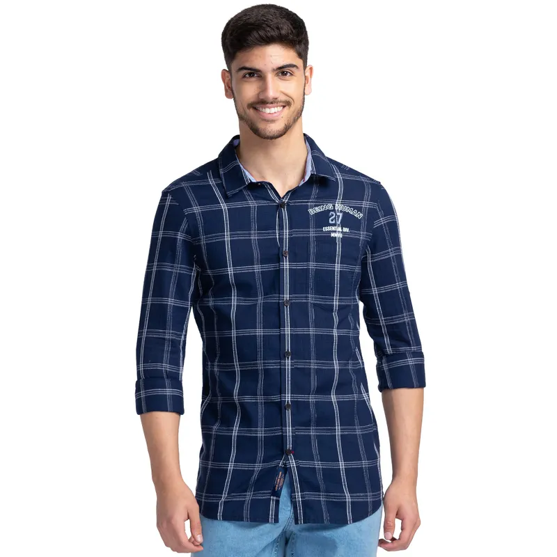 Blue Slim Fit Regular Collar Men's Shirt by Being Human Clothing