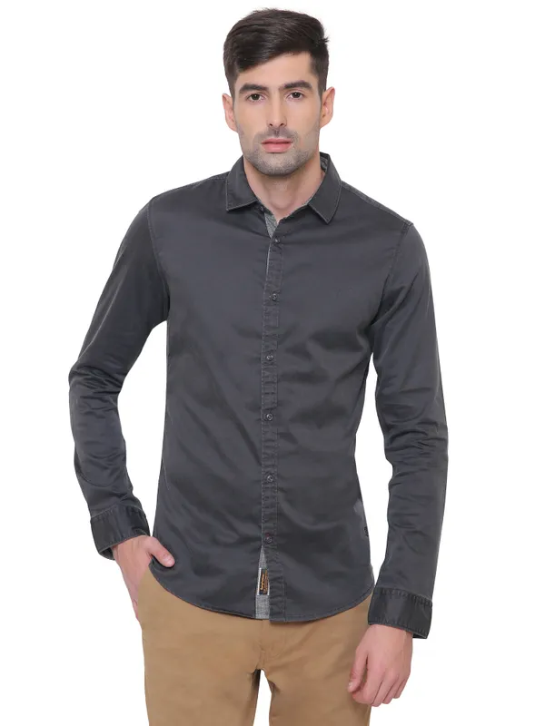 Black Slim Fit Regular Collar Men's Shirt by Being Human Clothing