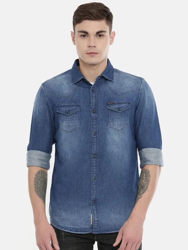 Buy BEING HUMAN Solid Denim Slim Fit Men's Casual Shirt | Shoppers Stop