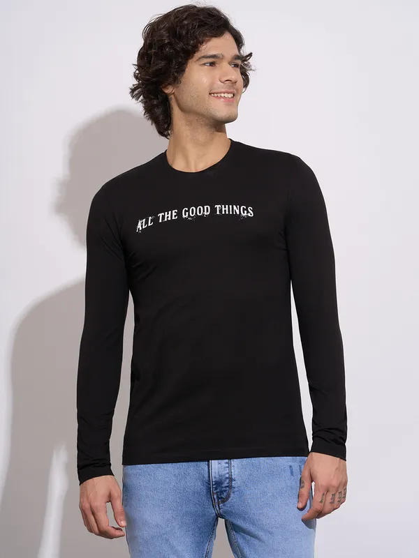 Being Human Men's Black Graphic Print Full Sleeve Crew Neck T-Shirt