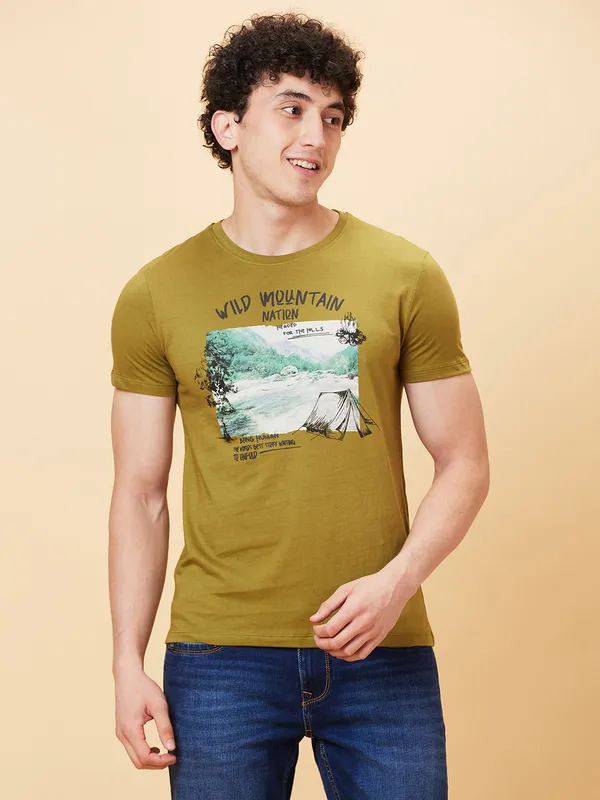 Being Human Men Slim Fit T-Shirts-Olive