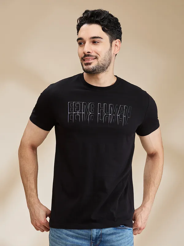 Jet Black Regular Fit Round Neck Men's T-Shirt by Being Human Clothing