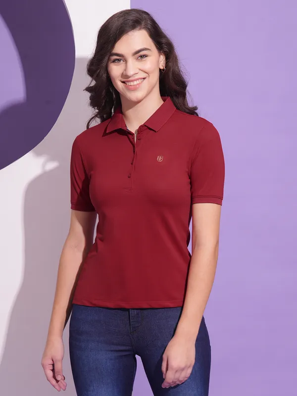 Being Human Women Semi Fit T-Shirts-Dark Red