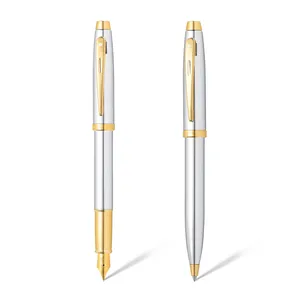 Sheaffer Gift Set 100 9340 Fountain Pen (M) and Ballpoint Pen Bright Chrome with Gold Trims - Set of 2 Pens