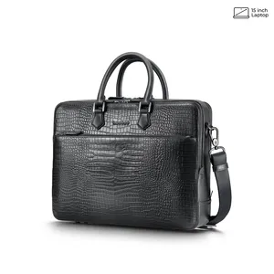 Lapis Bard Mandeville Noir 15-inch Croc-Textured Double Compartment Laptop Bag-Black