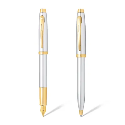 Sheaffer Gift Set 100 9340 Fountain Pen (M) and Rollerball Pen Bright Chrome with Gold Trims - Set of 2 Pens