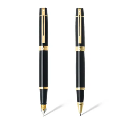 Sheaffer Gift Set 300 9325 Fountain Pen (M) and Rollerball Pen Glossy Black and Gold Trims - Set of 2 Pens
