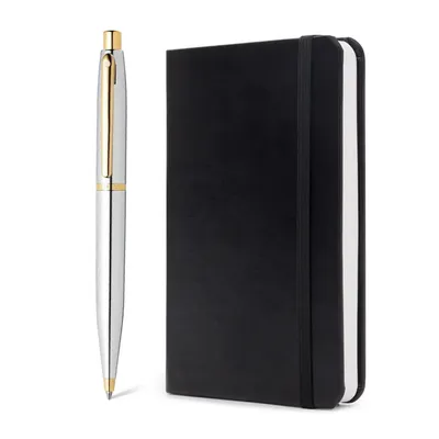 Sheaffer Gift Set VFM Ballpoint Pen with Small Notebook  Polished Chrome with Gold Trims