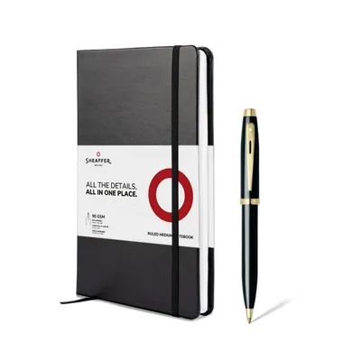 Sheaffer Gift Set 100 9322 Ballpoint Pen with Medium Notebook Glossy Black with Gold Trims