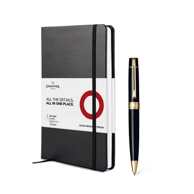 Sheaffer Gift Set 300 9325 Ballpoint Pen with Medium Notebook Glossy Black with Gold Trims