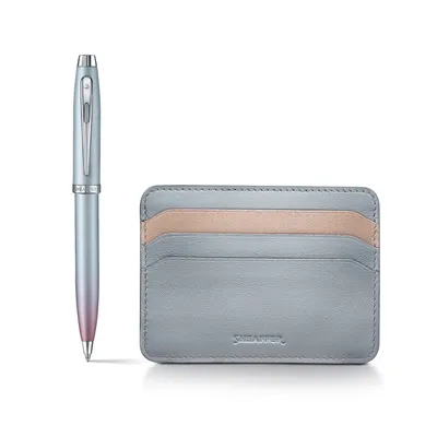 Sheaffer Expressions Gift Set 100 9376 Blue and Pink Pearlised Gradient Ballpoint Pen with Chrome-plated Trims and Genuine Leather Credit Card Holder