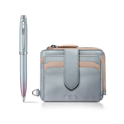 Sheaffer Expressions Gift Set 100 9376 Blue and Pink Pearlised Gradient Ballpoint Pen with Chrome-plated Trims and Genuine Leather Wallet