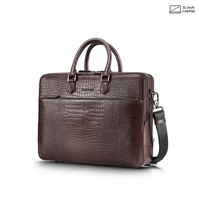 Lapis Bard Mandeville 15-inch Croc-Textured Double Compartment Laptop Bag - Dark Brown