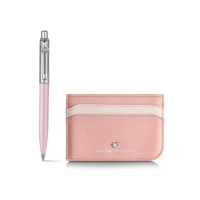 Sheaffer Emily in Paris Sentinel 321 Pink Matte Finish Ballpoint Pen with Chrome Trims and Full-Grain Leather Credit Card Holder Gift Set
