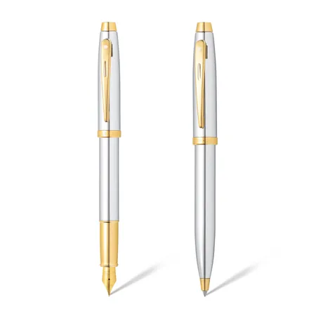 Sheaffer Gift Set 100 9340 Fountain Pen (M) and Ballpoint Pen Bright Chrome with Gold Trims - Set of 2 Pens