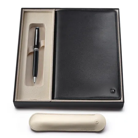 Lapis Bard Gift Set Contemporary Dark Ballpoint Pen and Mayfair Leather Notebook Jacket - Black with chrome trims