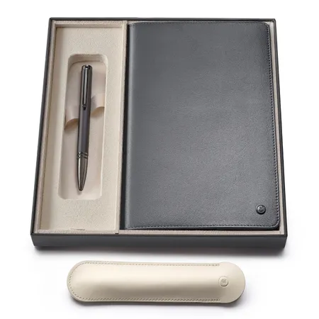 Lapis Bard Gift Set Torque Matte Ballpoint Pen and Graphite Ducorium Leather Notebook Jacket - Grey with Matte black trims