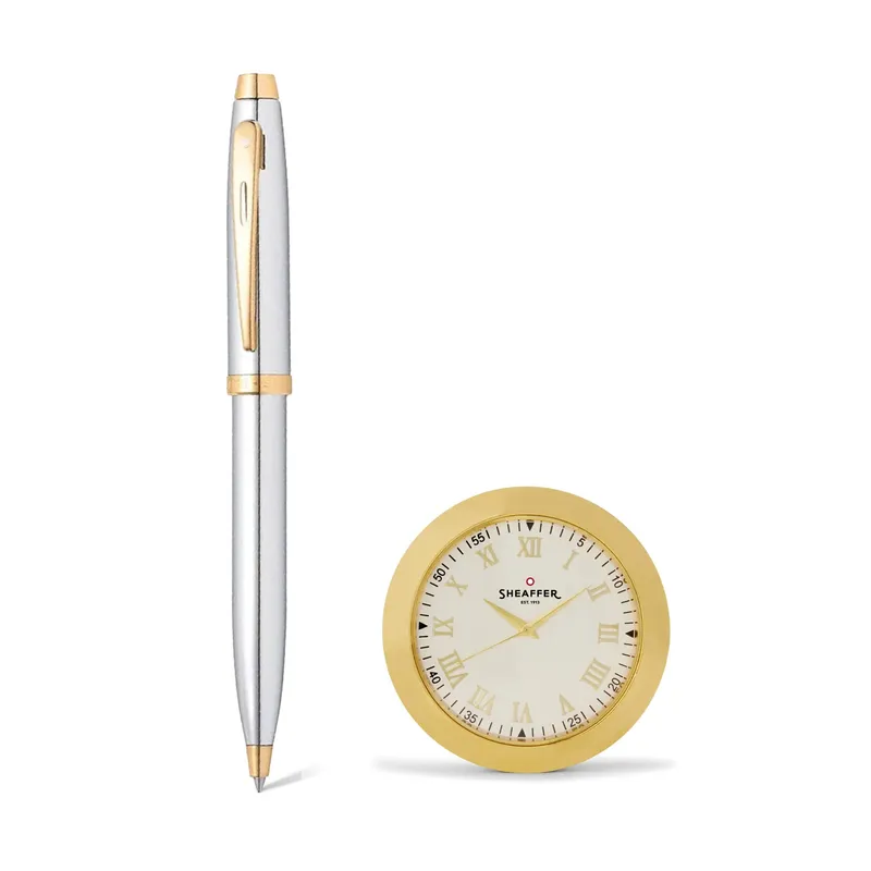 Sheaffer Gift Set 100 Ballpoint Pen with Table Clock  Bright Chrome with Gold Trims