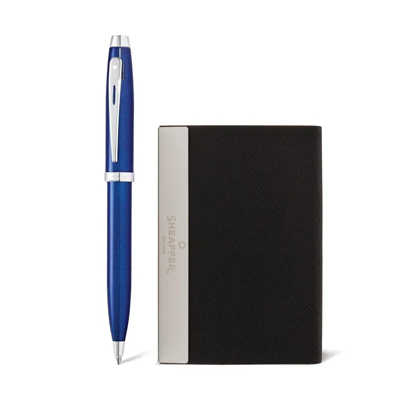 Sheaffer Gift Set 100 Ballpoint Pen with Business Card Holder  Glossy Blue with Chrome Trims