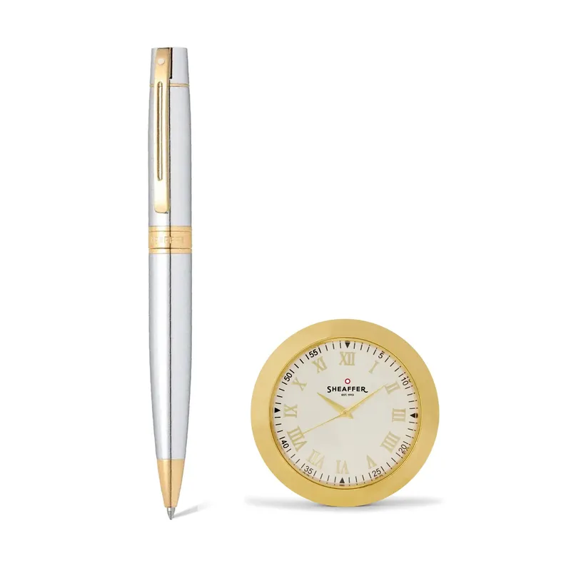 Sheaffer Gift Set 300 Ballpoint Pen with Table Clock  Bright Chrome with Gold Trims