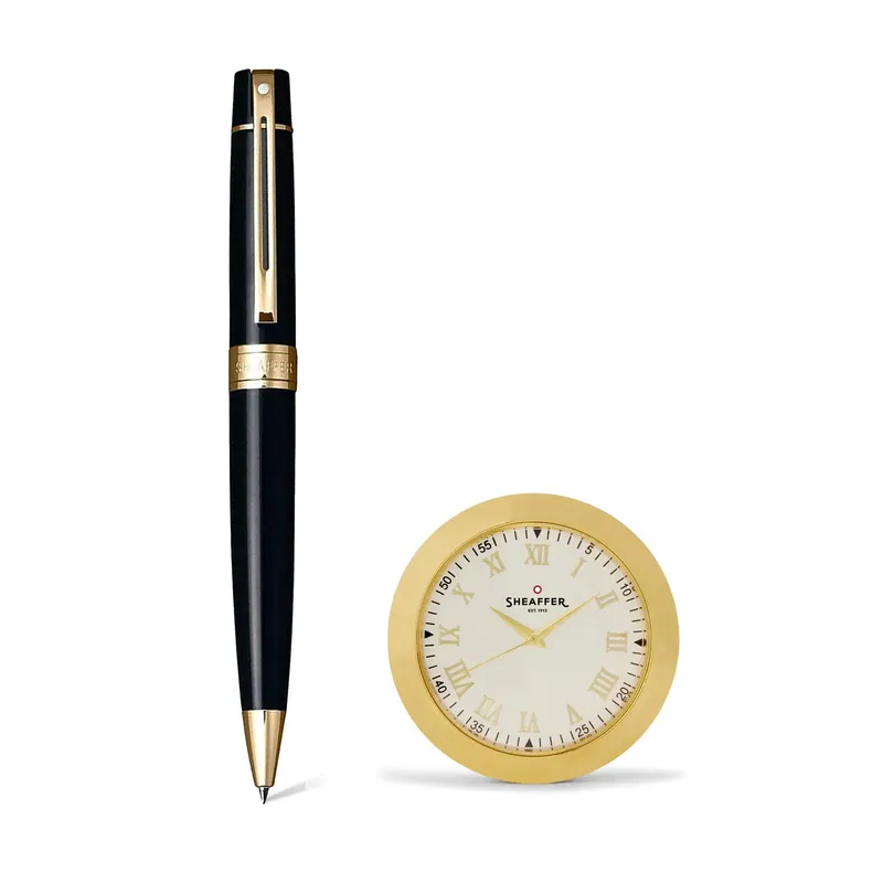 Sheaffer Gift Set 300 Ballpoint Pen with Table Clock  Glossy Black with Gold Trims